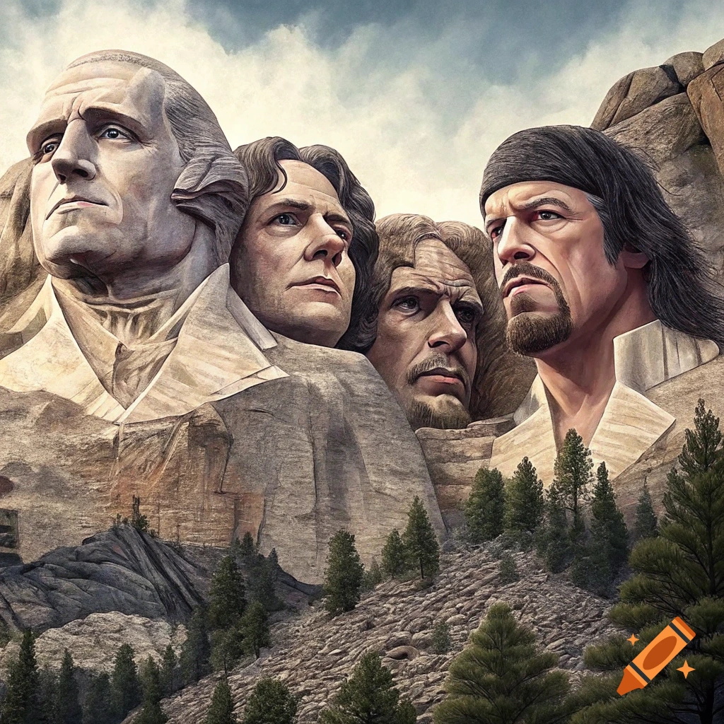 Mount Rushmore carving of four men's faces overlooking a rocky mountainside with pine trees.