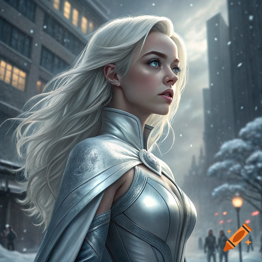 A woman with long white hair and a silver costume stands in a snowy city.