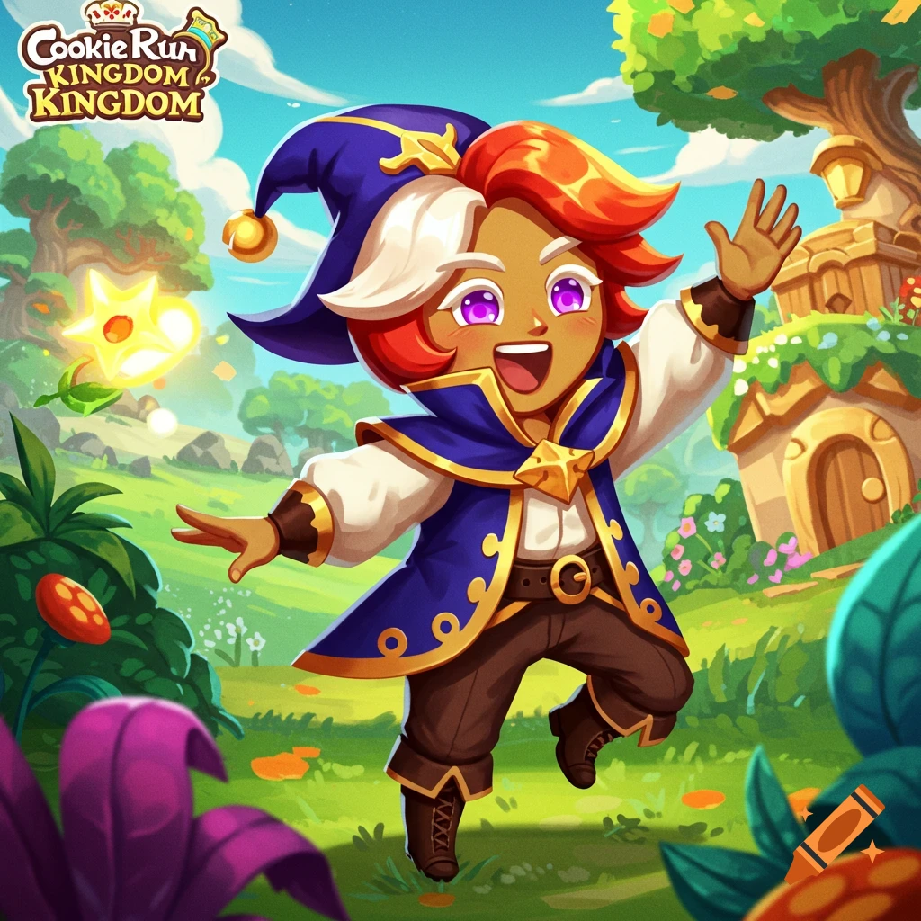 Cartoon character in a fantasy game art style, wearing a wizard hat and cloak, waving in a bright landscape.