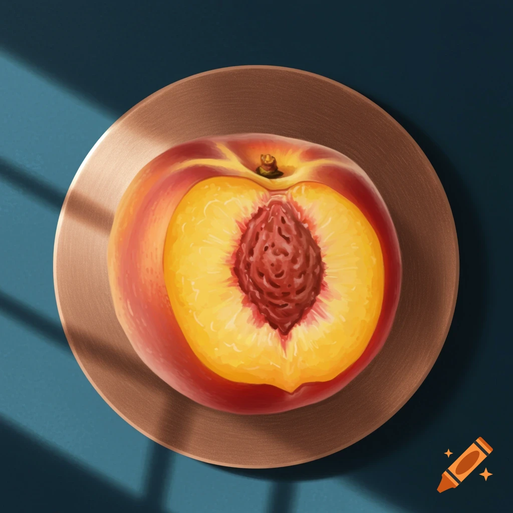 Overhead view of a cut peach on a round plate