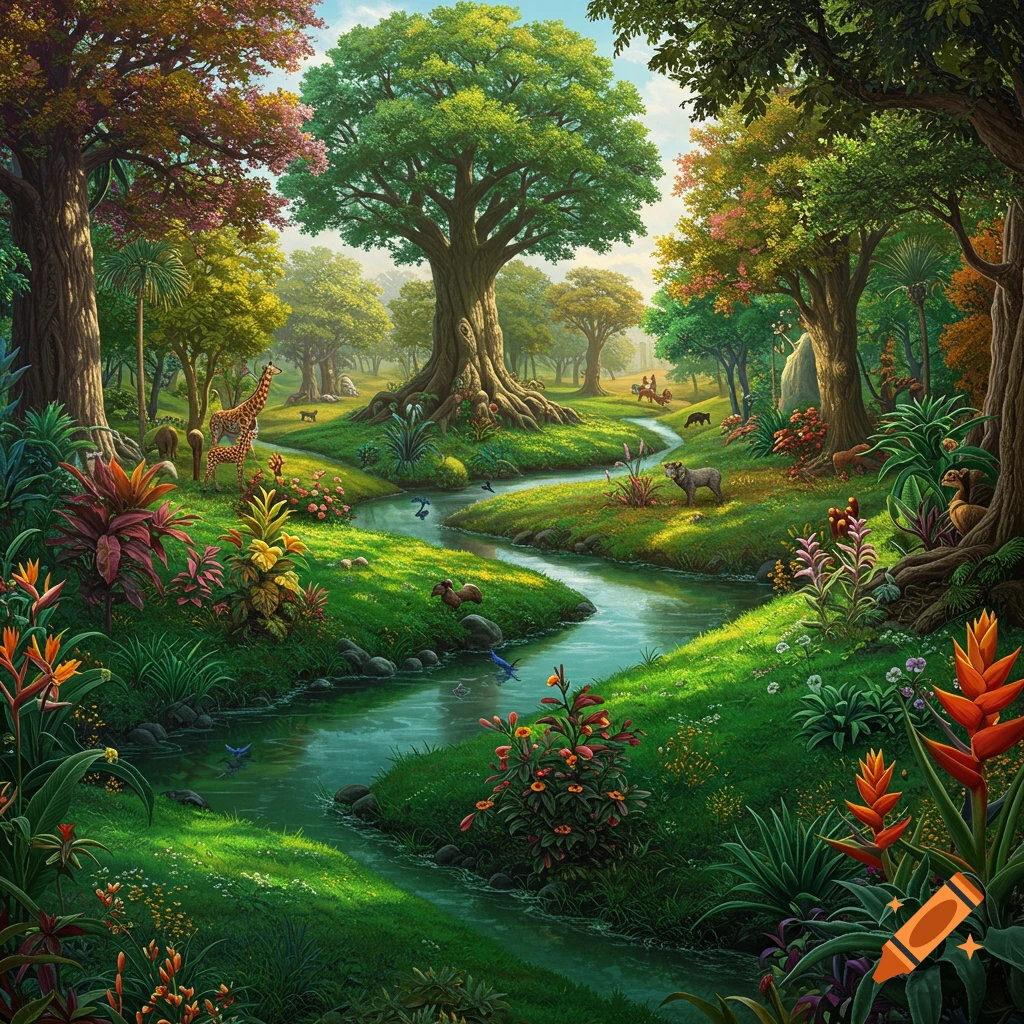 A vibrant, lush fantasy garden scene with a winding river, large trees, and various animals.