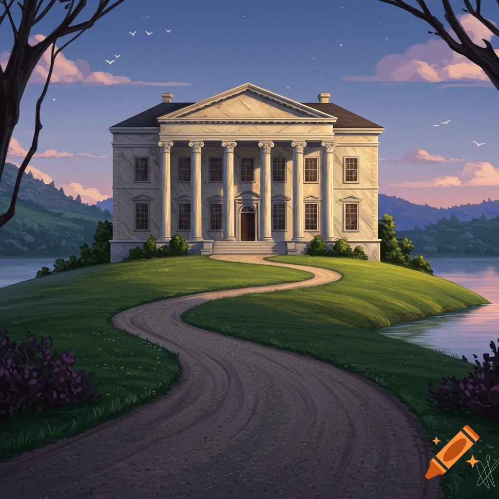 A classical white house on a hill with columns, accessed by a winding road beside a lake, under a pink twilight sky, digital art.