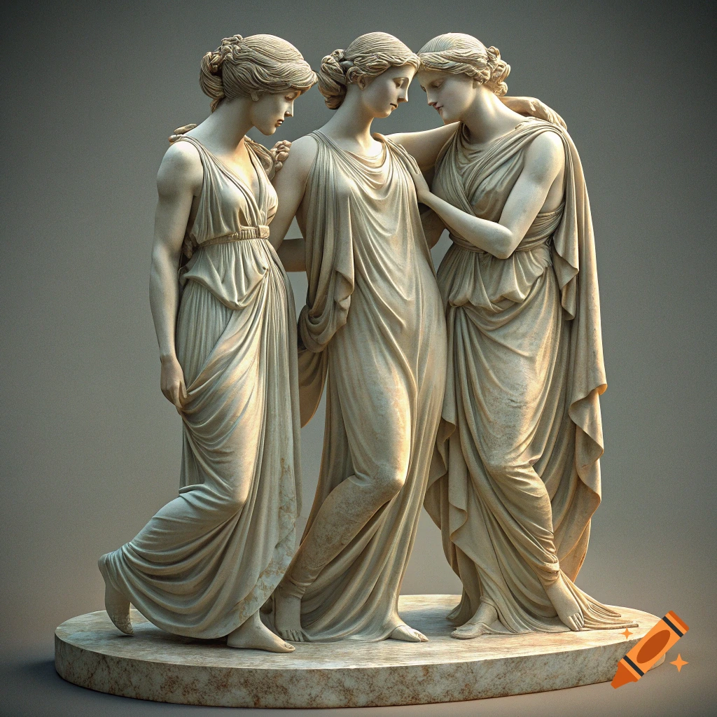 A realistic marble sculpture depicts three draped women in a classical style.