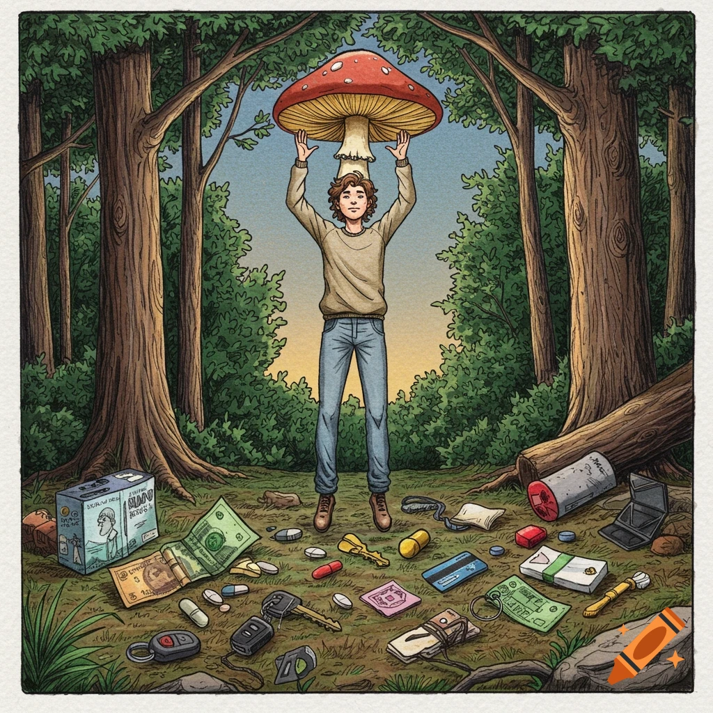Hand-drawn sketch of a person levitating in a forest holding a large mushroom, with cash and items scattered.