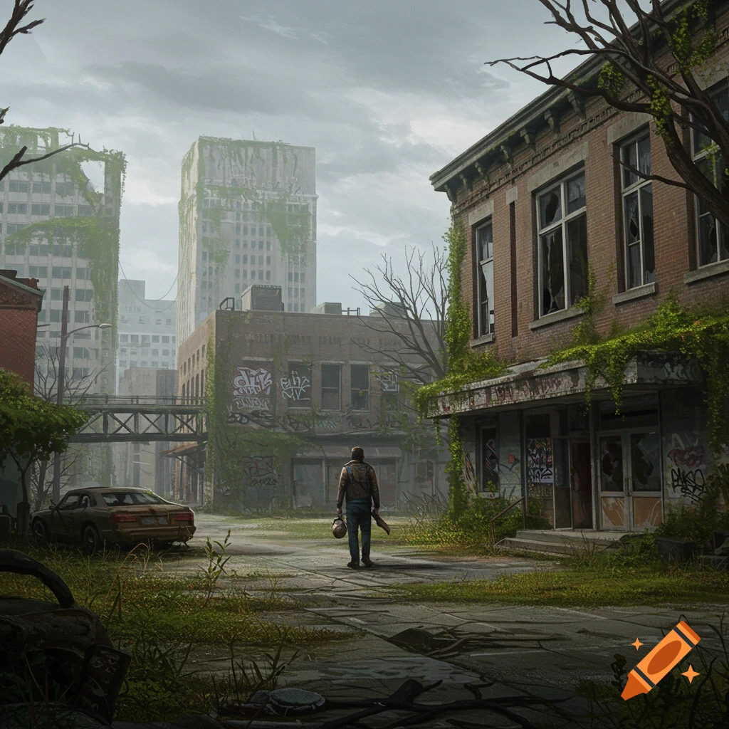 A person walks through a ruined city street with overgrown buildings and an abandoned car in a post-apocalyptic scene.