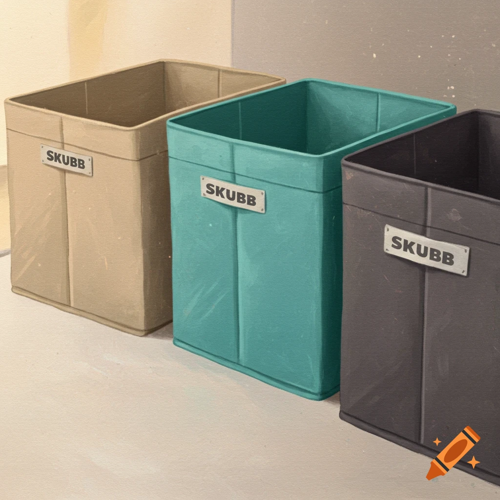 Three beige, teal, and grey storage bins with SKUBB labels in a painted style
