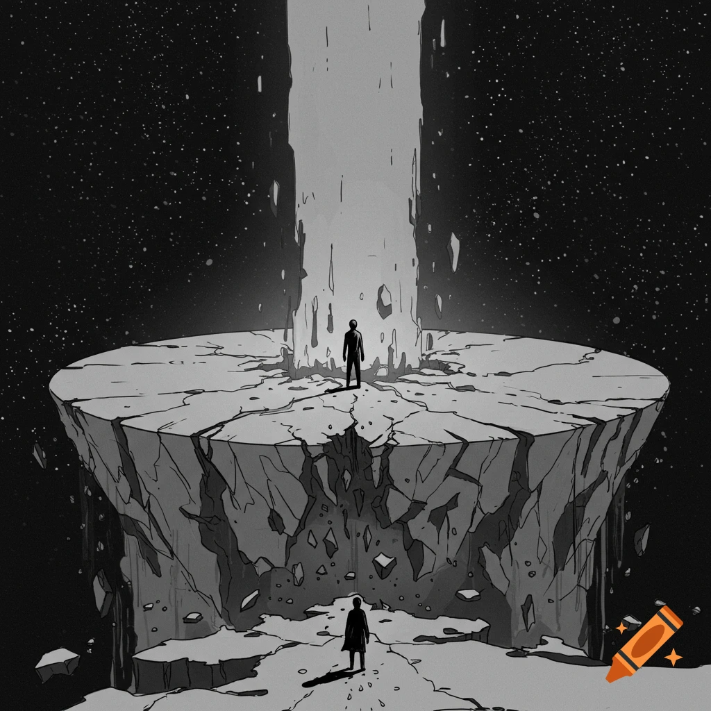 Black and white illustration of two figures on a crumbling platform in space, with a bright beam above.