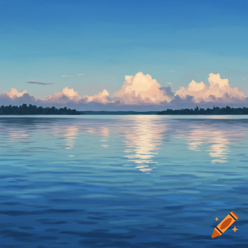 A lake reflecting the sky and clouds, with distant trees.