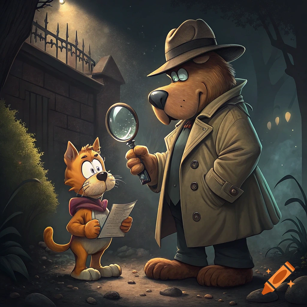 Cartoon cat reading a paper and a dog-like detective with a magnifying glass in a nighttime alley.