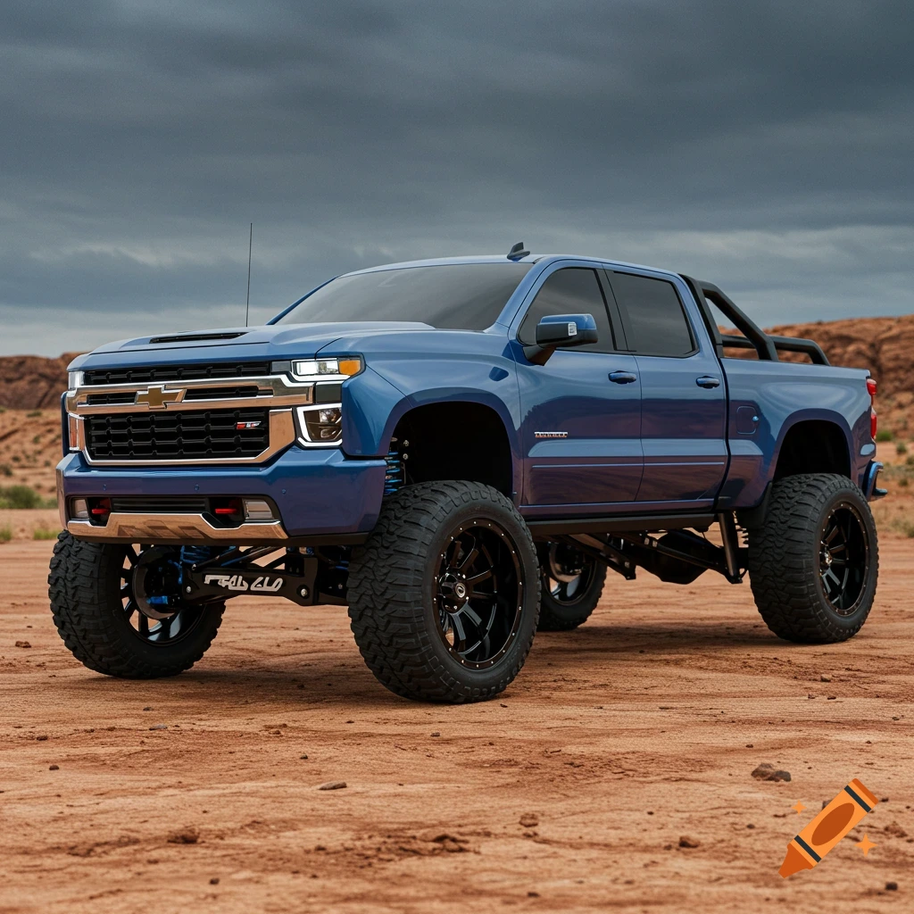 A lifted blue Chevrolet truck parked on dirt terrain under a cloudy sky.