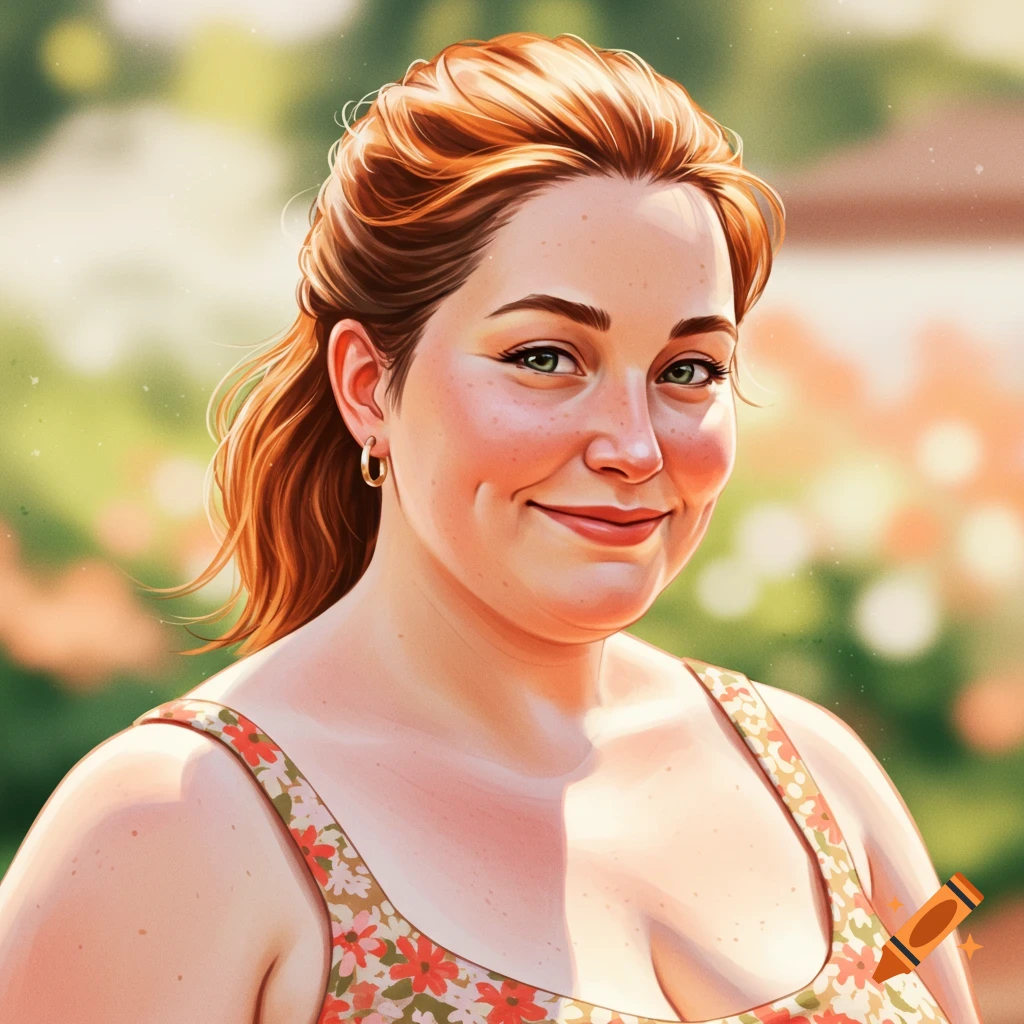 Portrait of a smiling woman with red hair and dimples, wearing a floral top, against a blurred green and orange background.