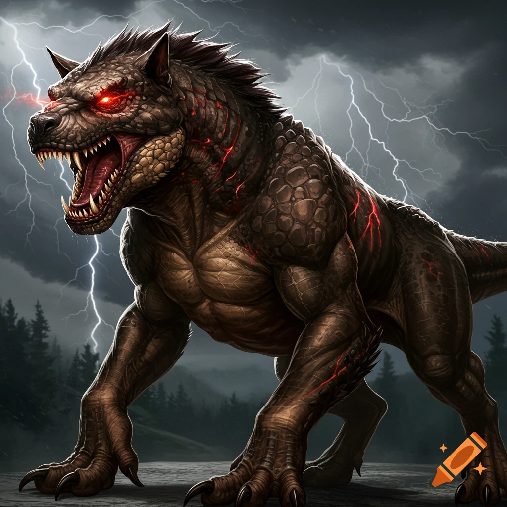 A ferocious reptilian monster with glowing red eyes stands in a stormy forest under lightning.