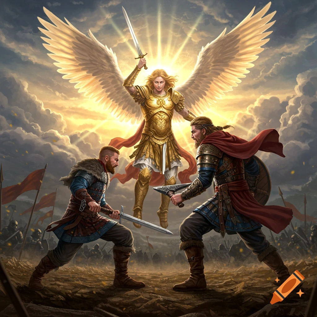 Archangel Michael battles two warriors in viking armor on a battlefield under a glowing sky.