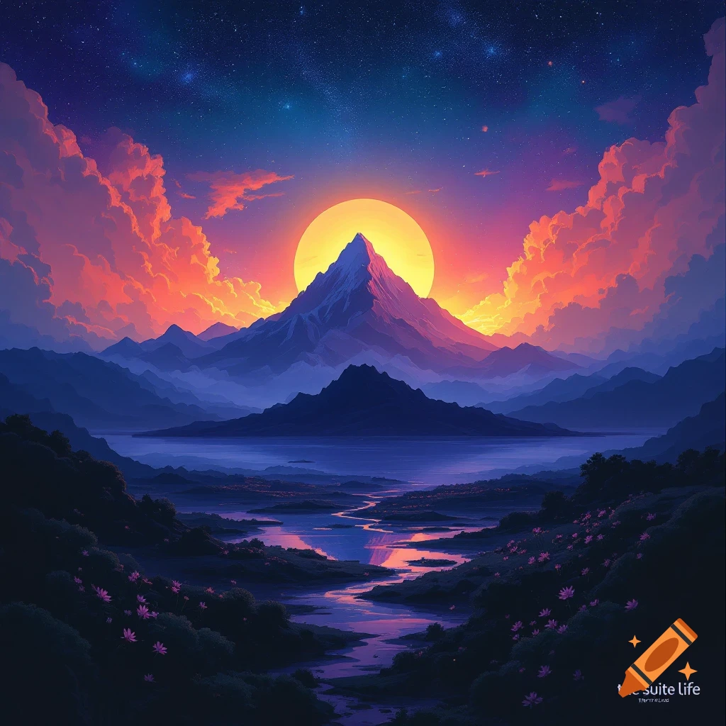 Vibrant mountain landscape at sunset with large sun, lake, flowers, and starry sky.