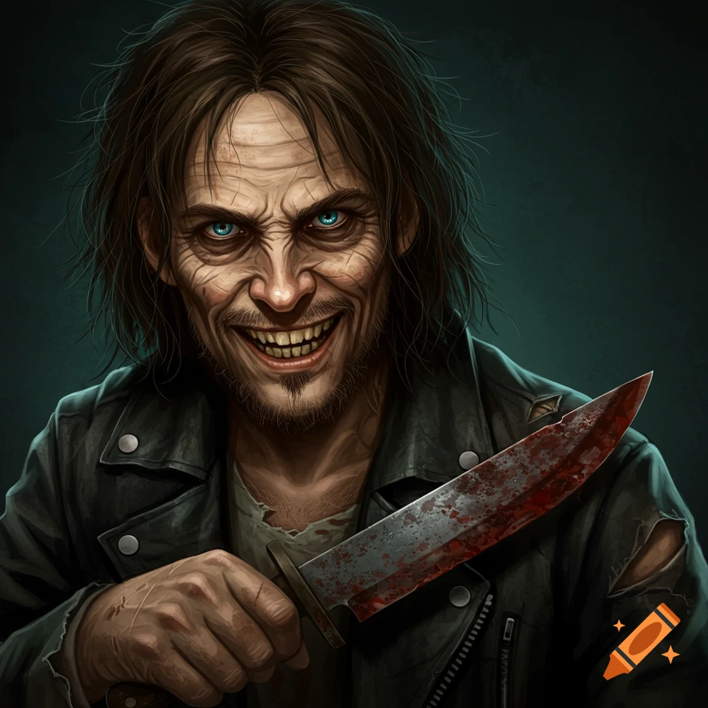 A man with messy hair, bright blue eyes, and a wide grin holds up a bloody knife.