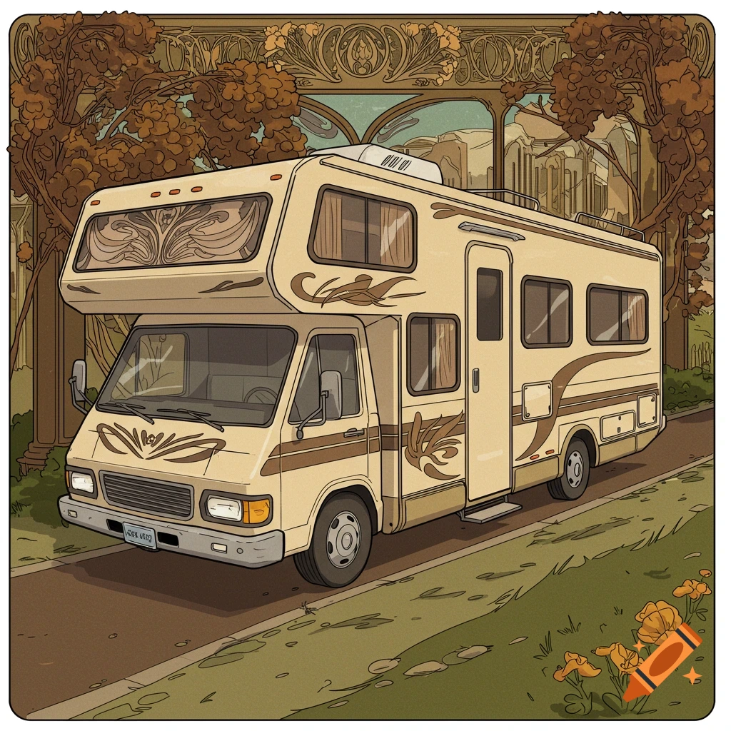 Art Nouveau comic book illustration of an RV parked on a road with trees and flowers.