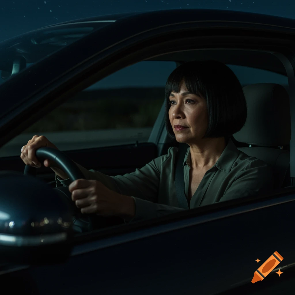 A middle-aged woman with short dark hair drives a car at night.