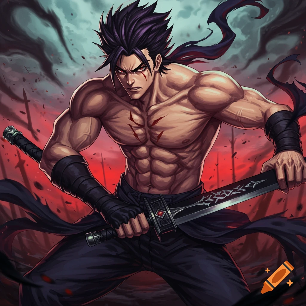 Muscular anime warrior with scars holds two swords in a dark, smoky battlefield.