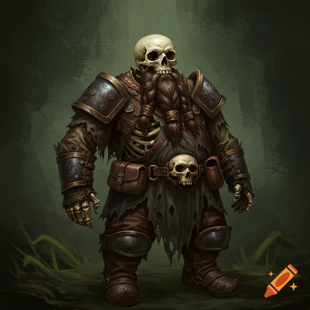 A skeletal dwarf character in ragged armor.