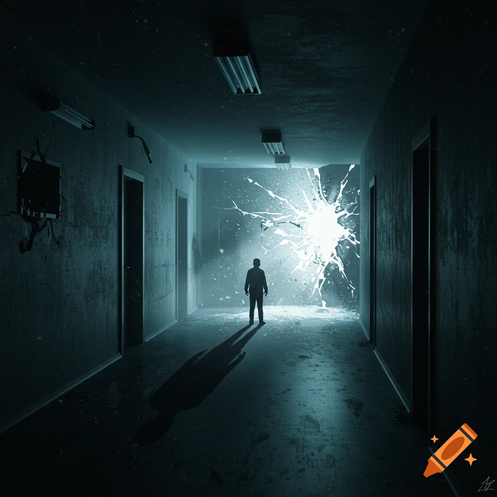 Silhouette in a dark, eerie hallway facing a glowing crack in the wall. Tense atmospheric scene.