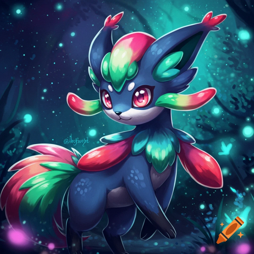 Colorful creature with red eyes and leaf-like features in a glowing forest.