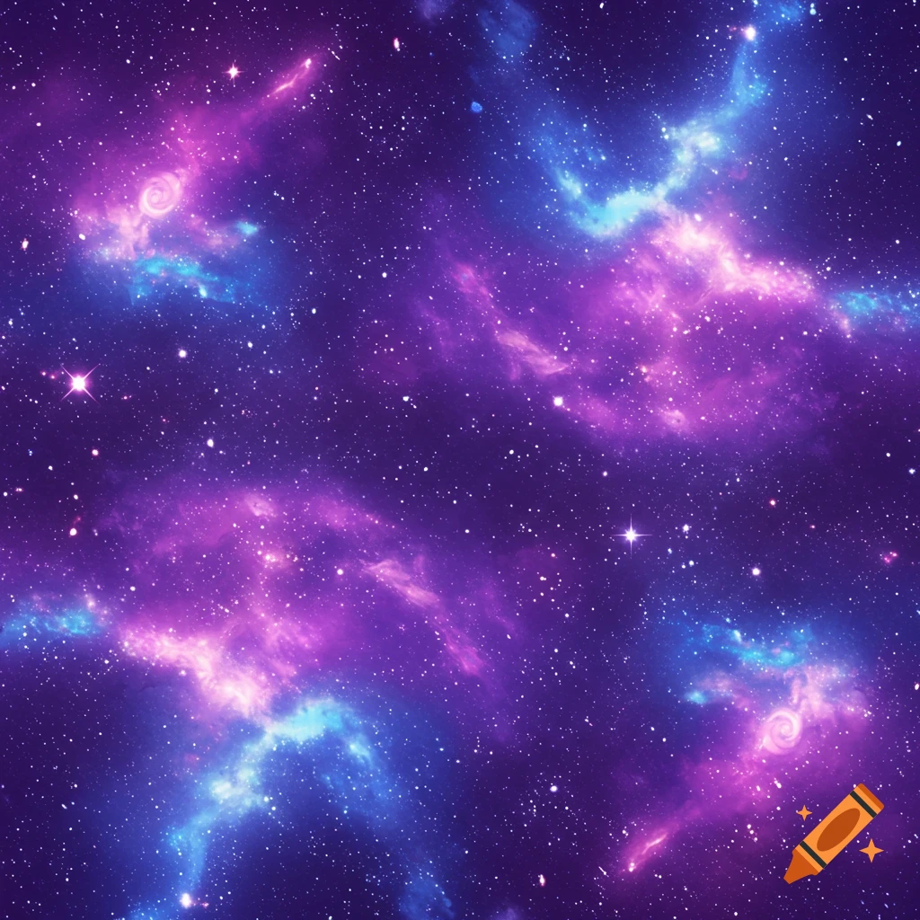 A seamless pattern of a galaxy with purple and blue nebulas and stars.