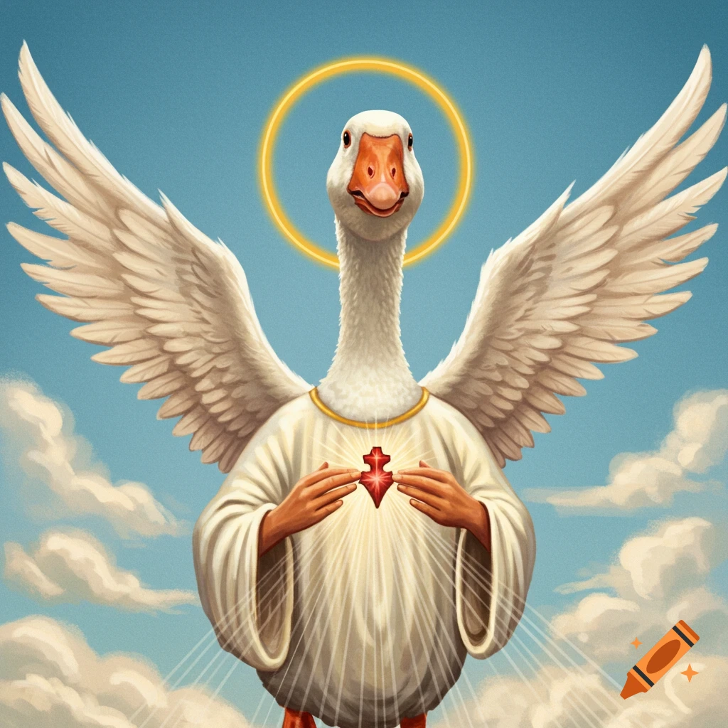 A goose with wings and a halo wears a white robe and holds a glowing cross in the sky.