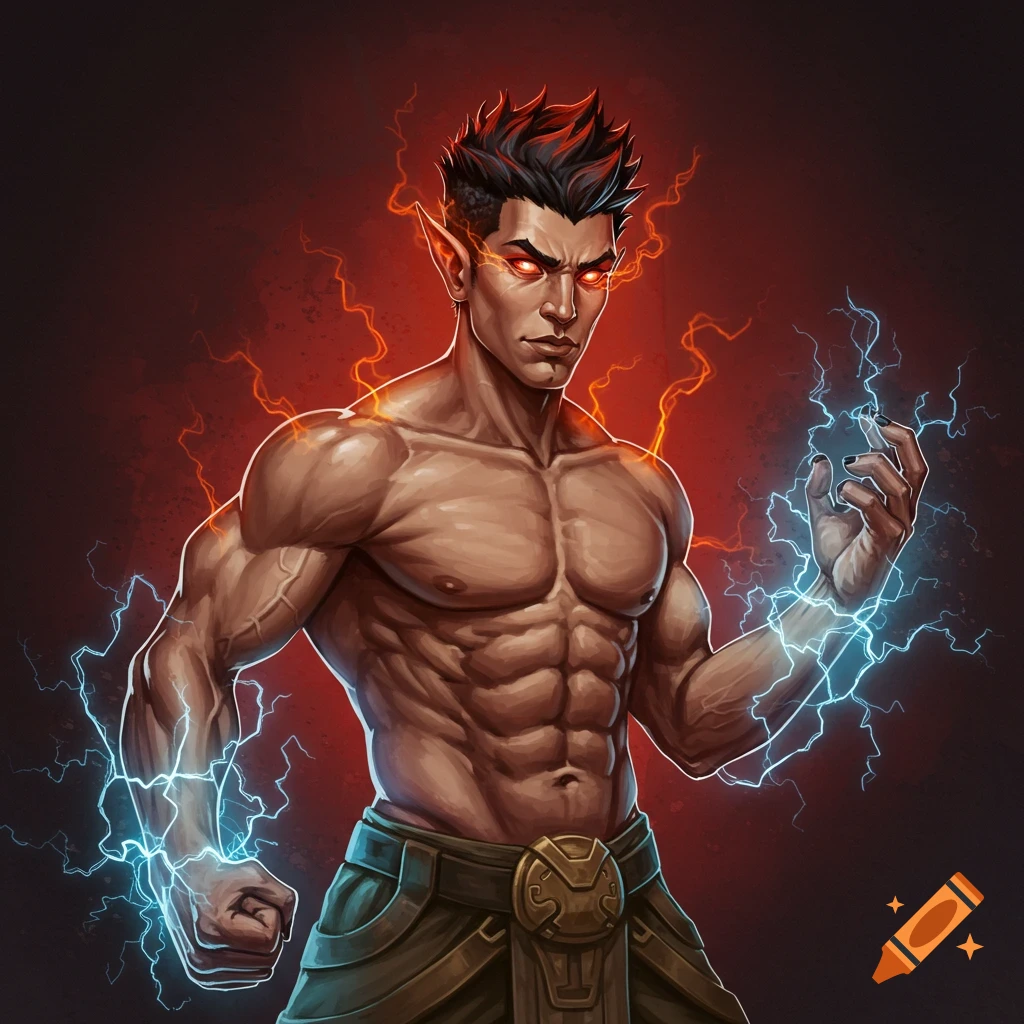 Muscular fantasy character with red eyes and pointed ears, crackling with red and blue energy.