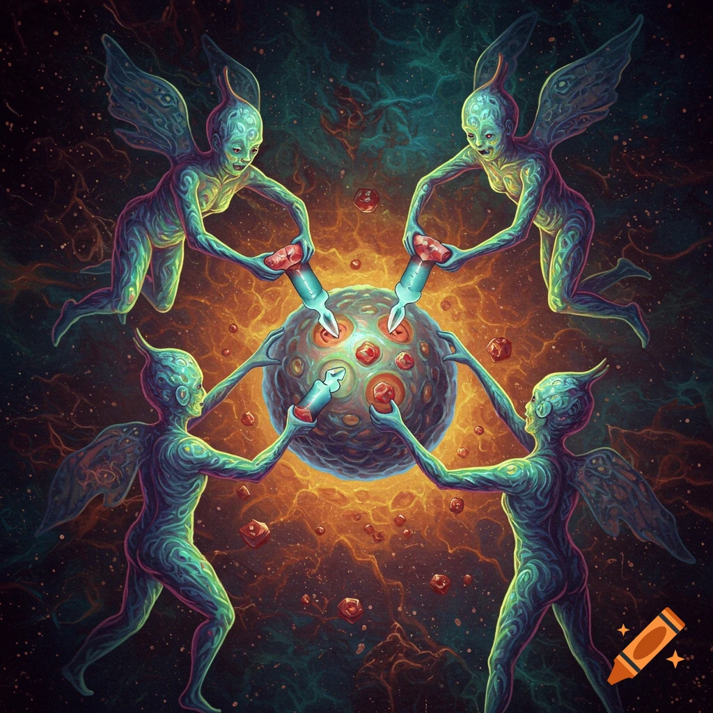 Four stylized winged creatures interact with a central glowing, textured sphere against a cosmic background.