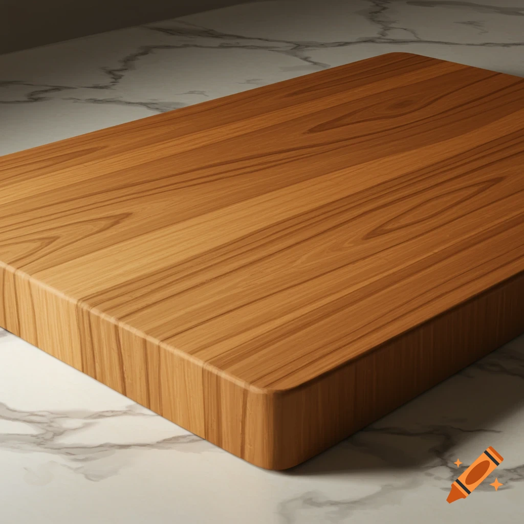 A wooden cutting board on a marble surface.