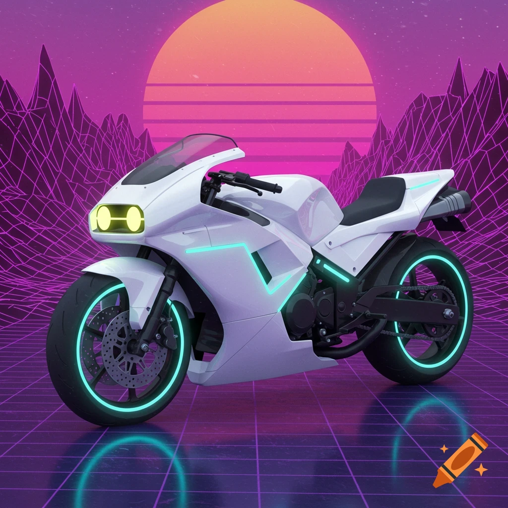 White futuristic motorcycle with neon lights on a grid floor against a vaporwave sunset.