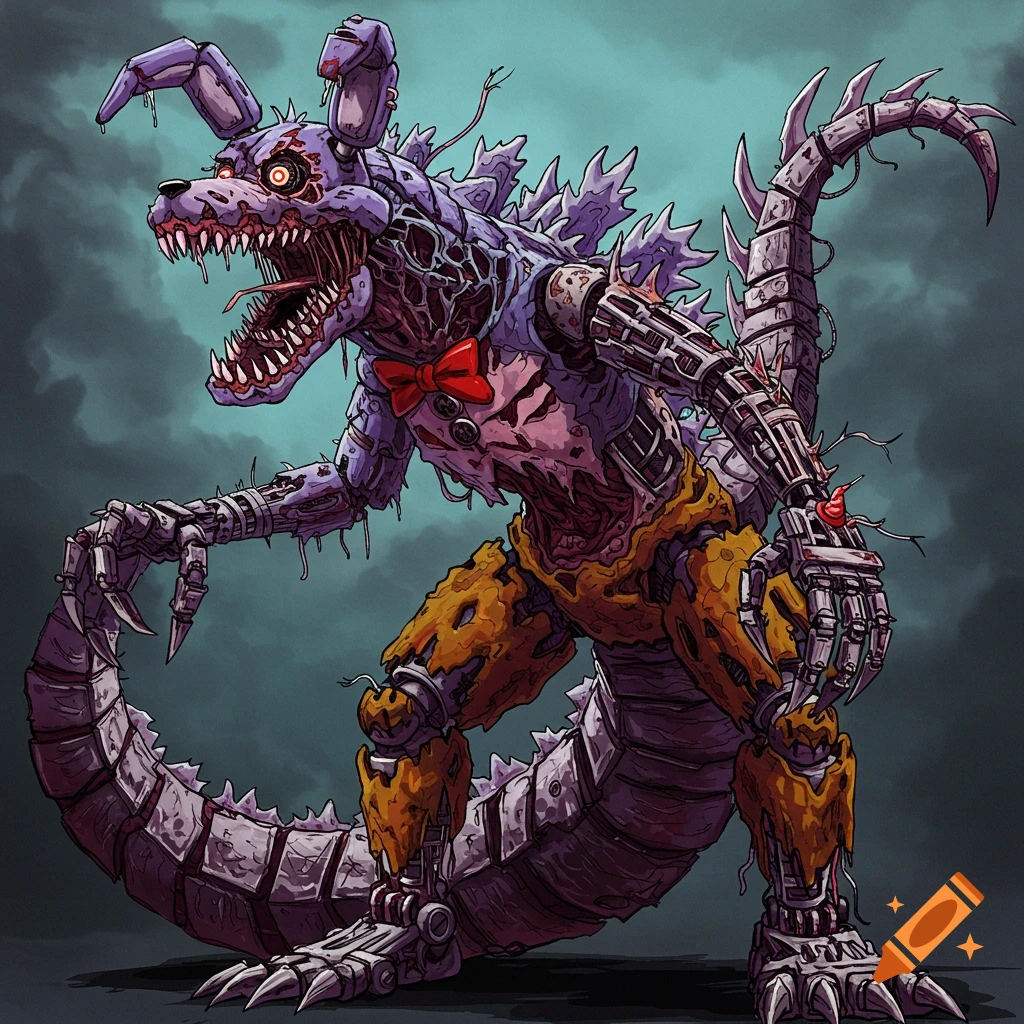 An illustration of a purple monster combining a rabbit head with a reptilian body and robotic parts.
