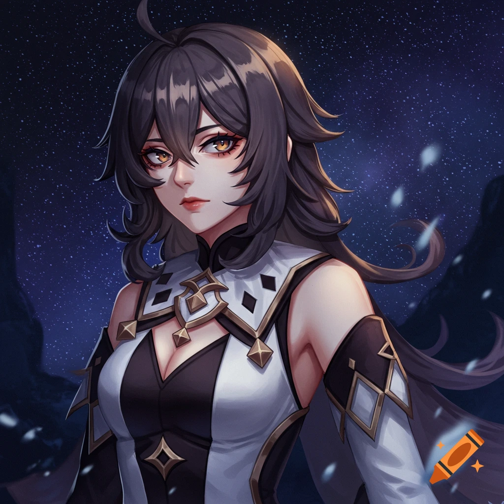 Portrait of a female character from Genshin Impact with dark hair and orange eyes, wearing a black and white outfit against a starry sky.