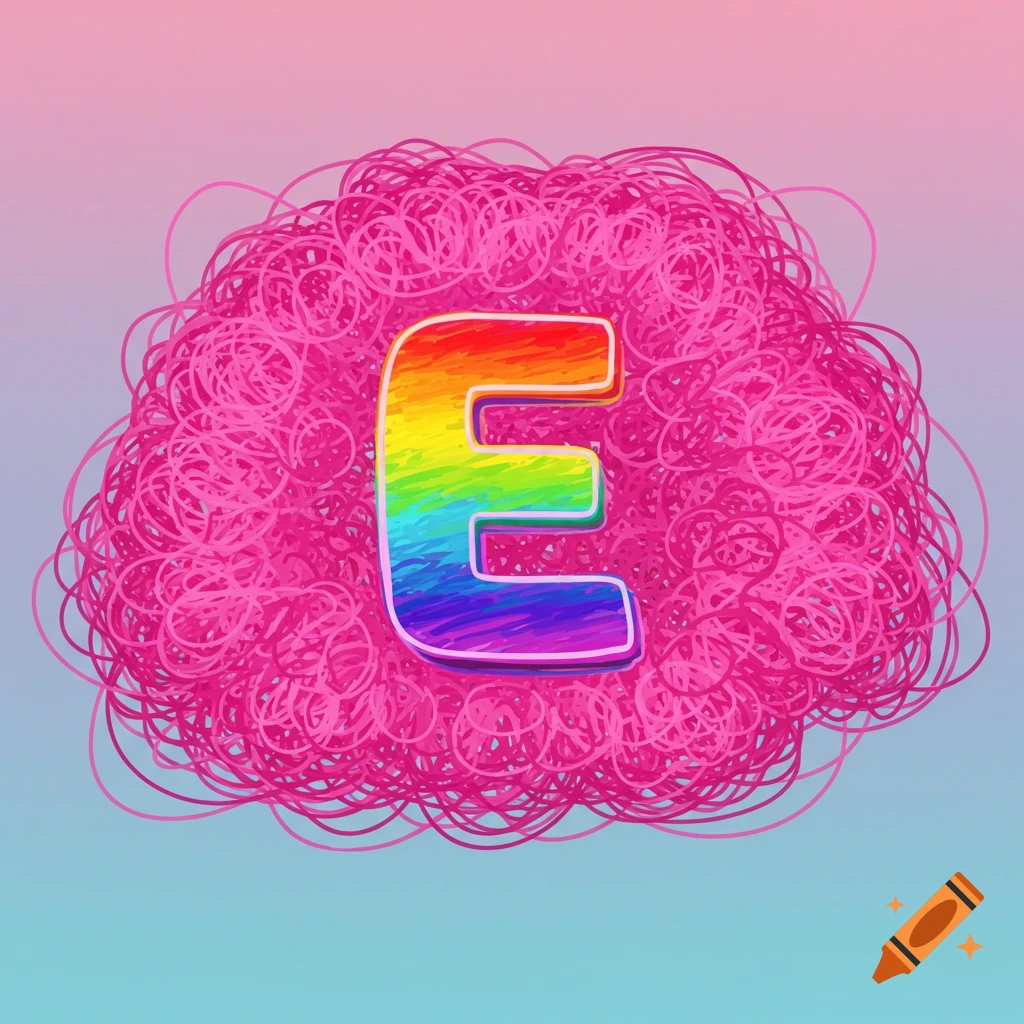 Rainbow gradient letter E surrounded by pink scribbles on a gradient background.
