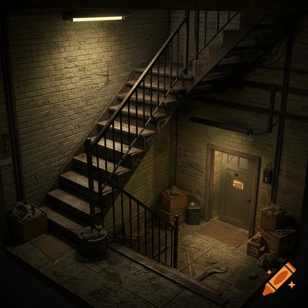 Dark, cluttered stairwell in an old apartment building, rendered in a style suitable for a battlemap.