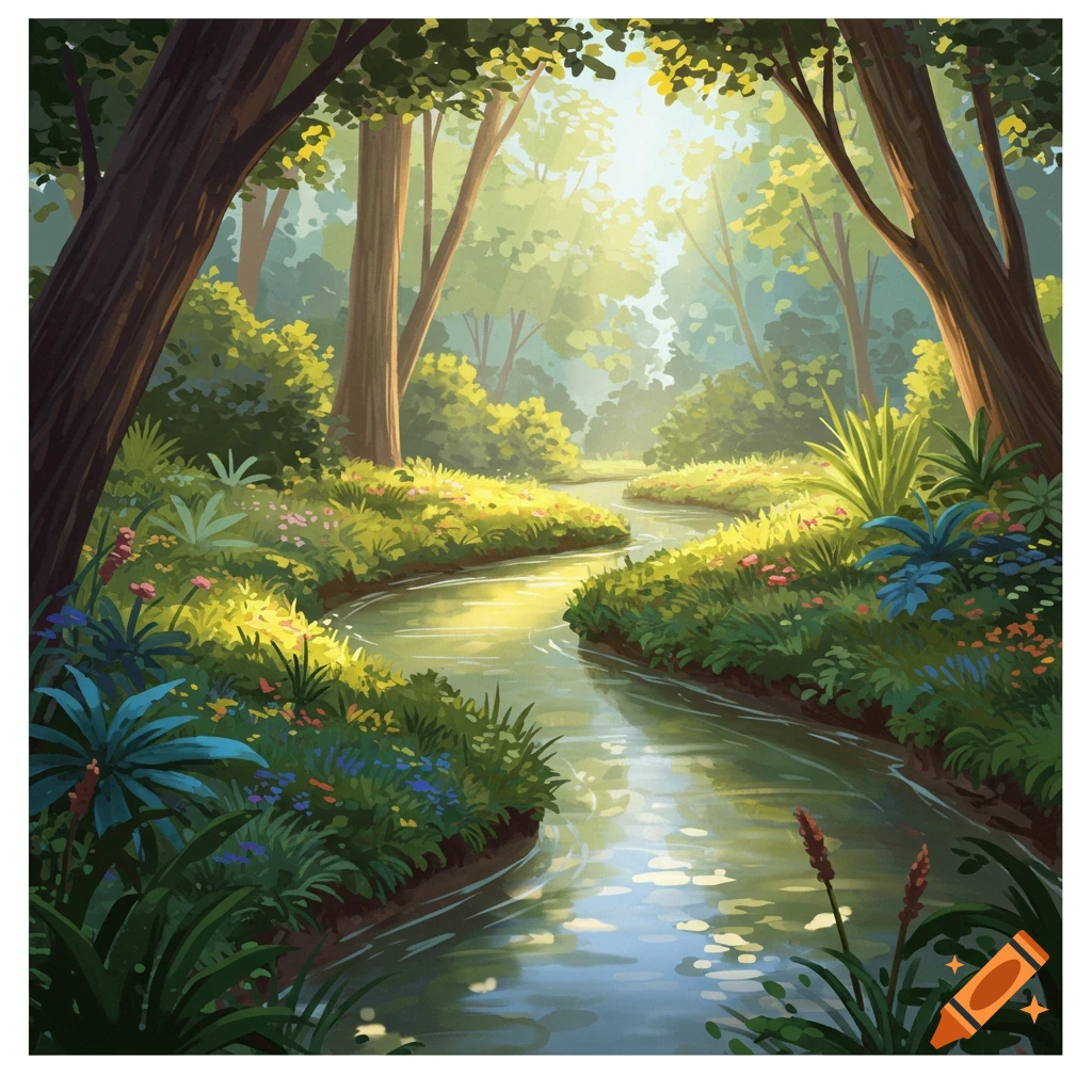 Painterly illustration of a river flowing through a lush green forest with sunlight filtering through the trees.