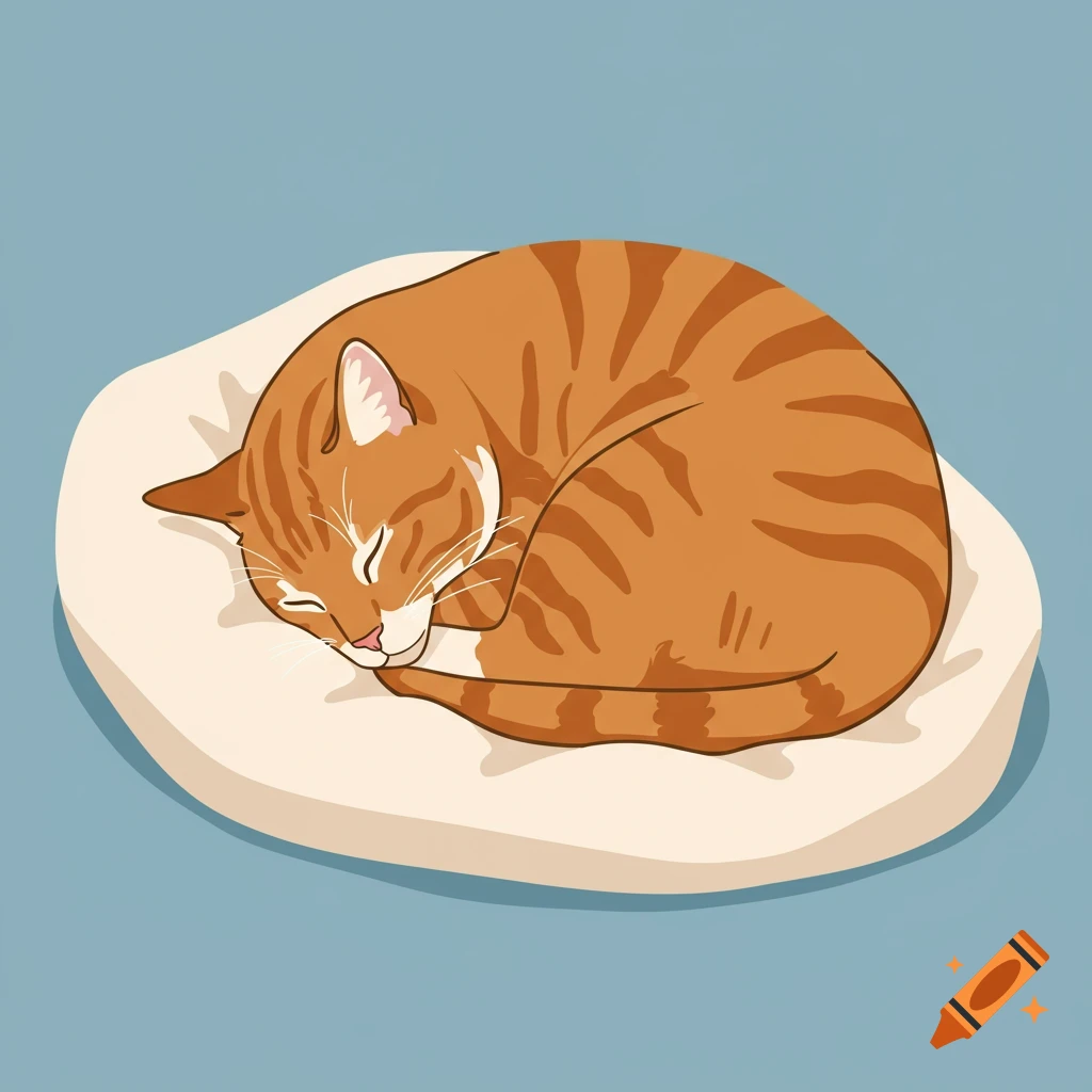 An orange tabby cat curled up asleep on a cushion.