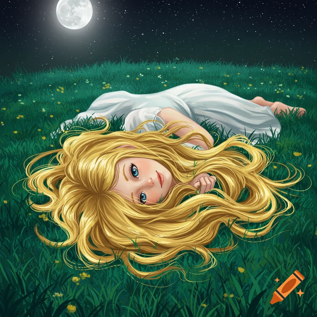 Illustration of a girl with blonde hair lying in grass at night under a full moon.