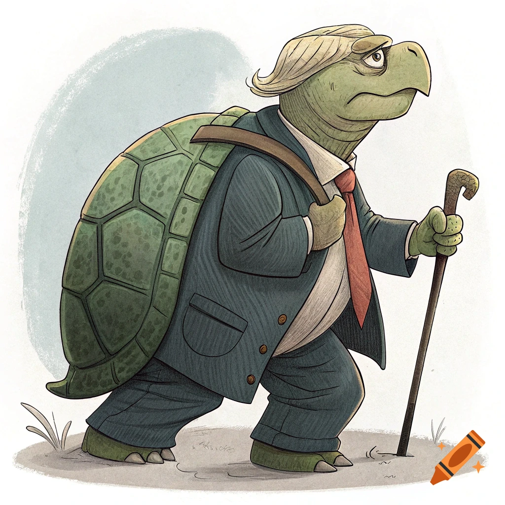 Illustration of a turtle wearing a suit and Trump-like hair, walking with a cane.