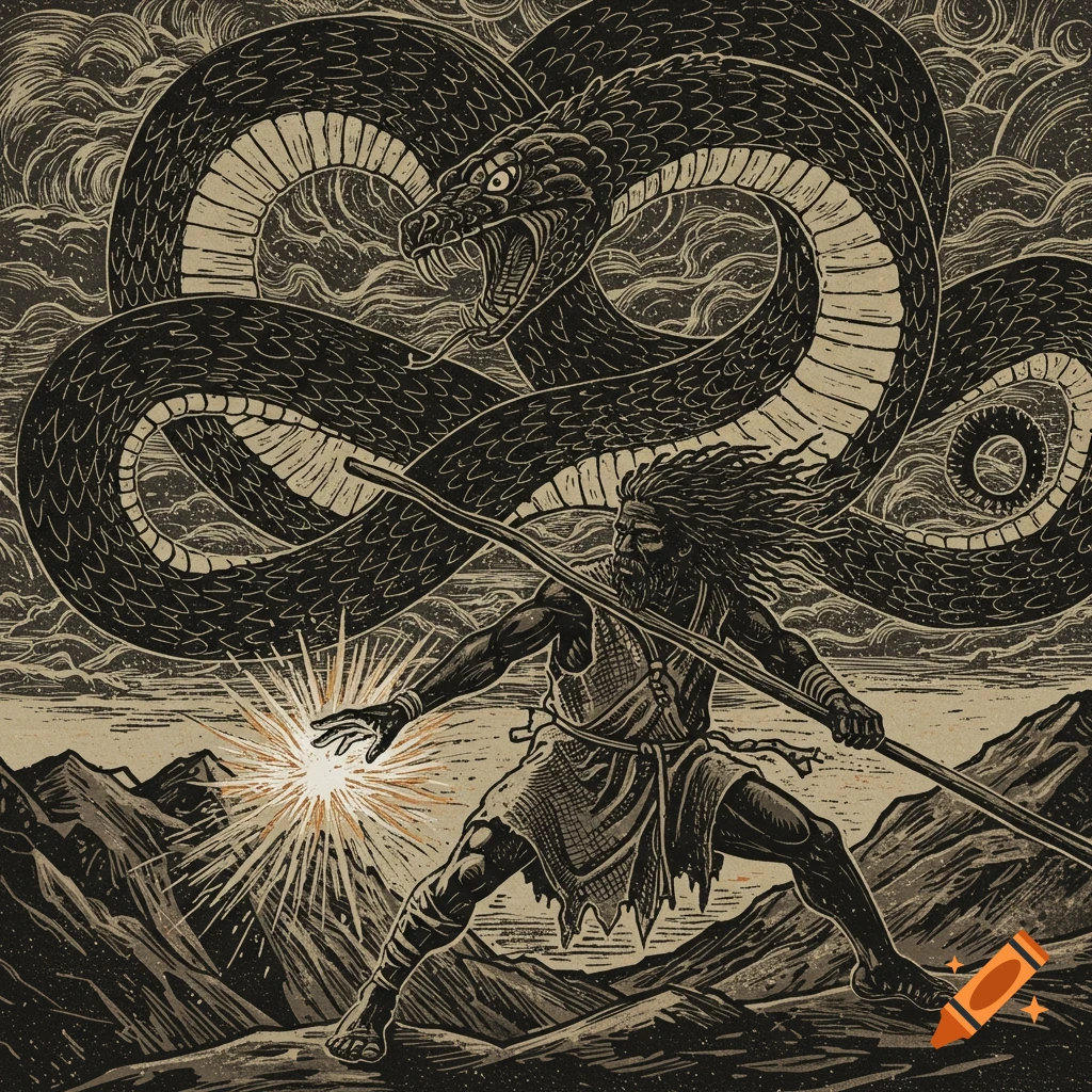 A man battles a giant serpent in a mountain landscape, blockprint style.