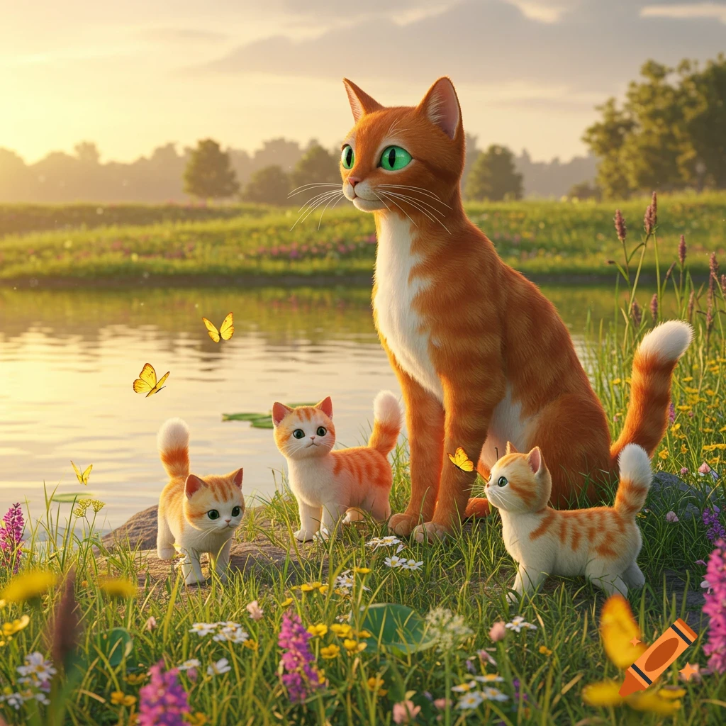 An orange mother cat and three kittens sit by a lake surrounded by flowers and butterflies in a Studio Ghibli style.