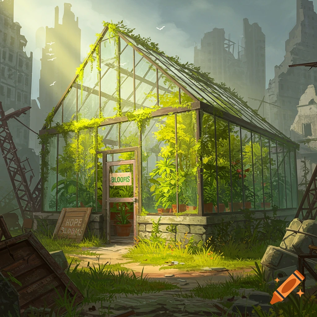 A lush greenhouse full of green plants stands amidst the ruins of city buildings, digital art.