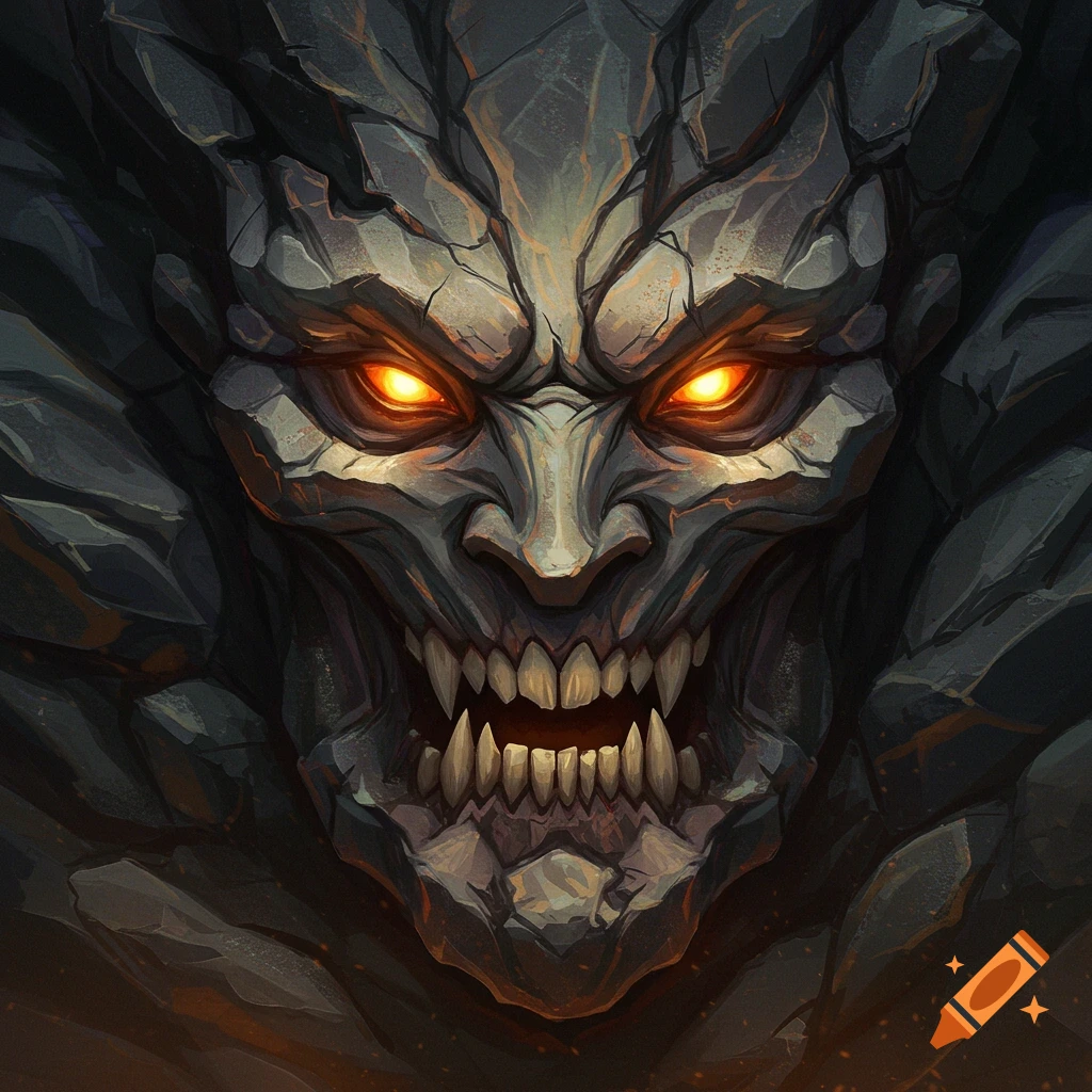 Close-up of a rock monster's face with glowing eyes and sharp teeth.
