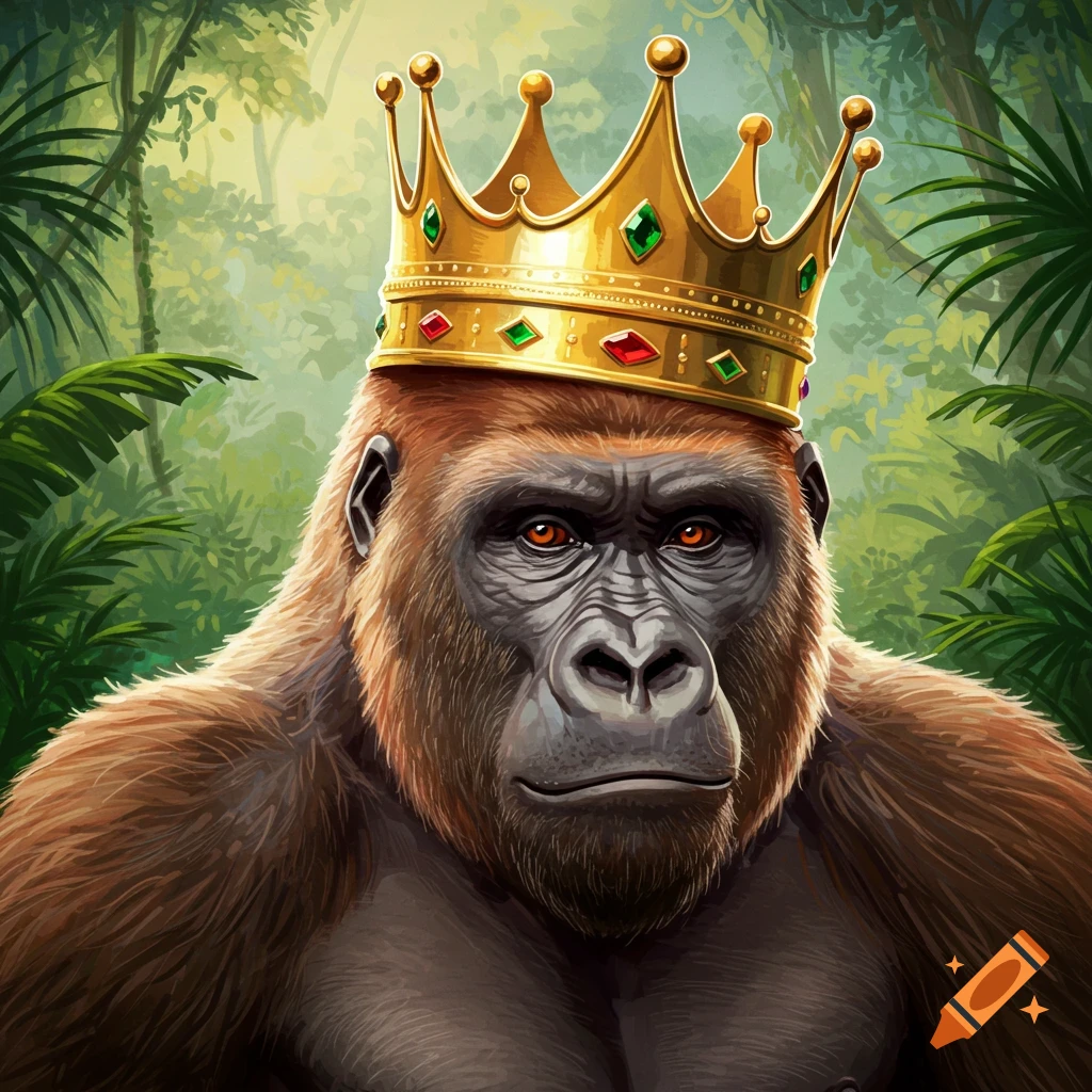 A gorilla wearing a golden jeweled crown in a jungle.