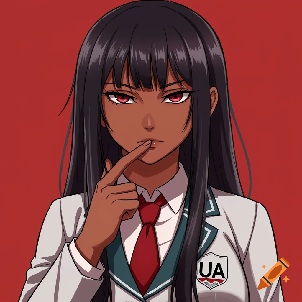 Anime portrait of a girl in a school uniform, holding a finger to her lips