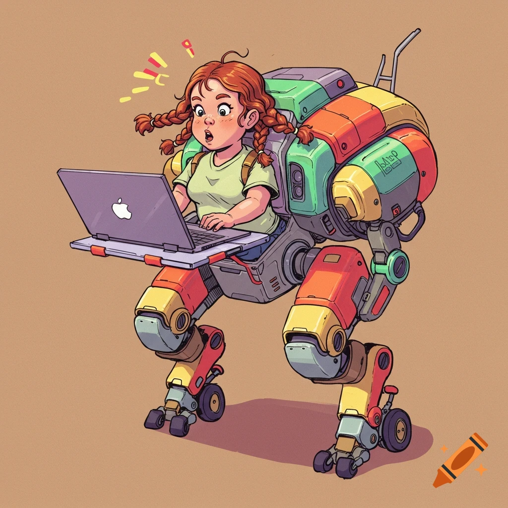 Illustration of a girl in a colorful robot exoskeleton using a laptop.