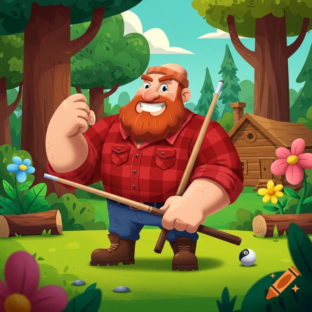 A cartoon lumberjack in a red plaid shirt and beard holds two billiard cues in a forest with a cabin and billiard ball.