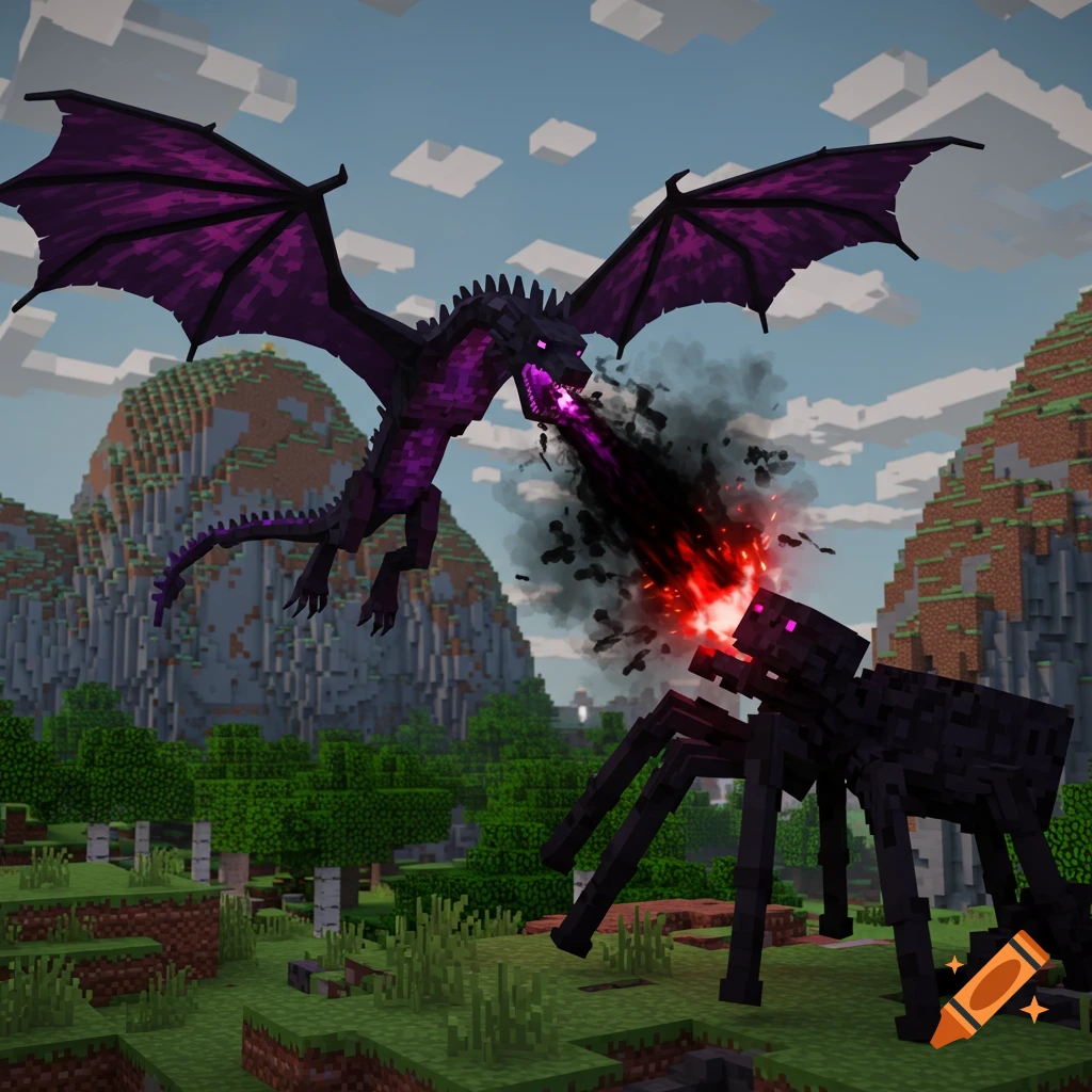 A blocky purple dragon attacks a large spider creature in a Minecraft-style world.