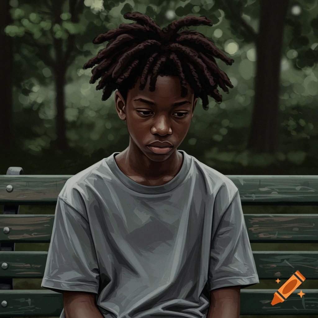 Illustration of a sad young Black boy with dreadlocks sitting on a park bench.