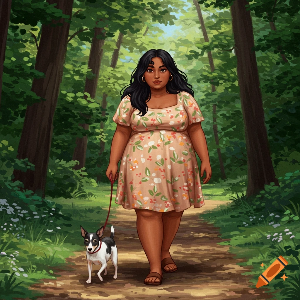 A fat woman walks her dog on a forest path. on Craiyon